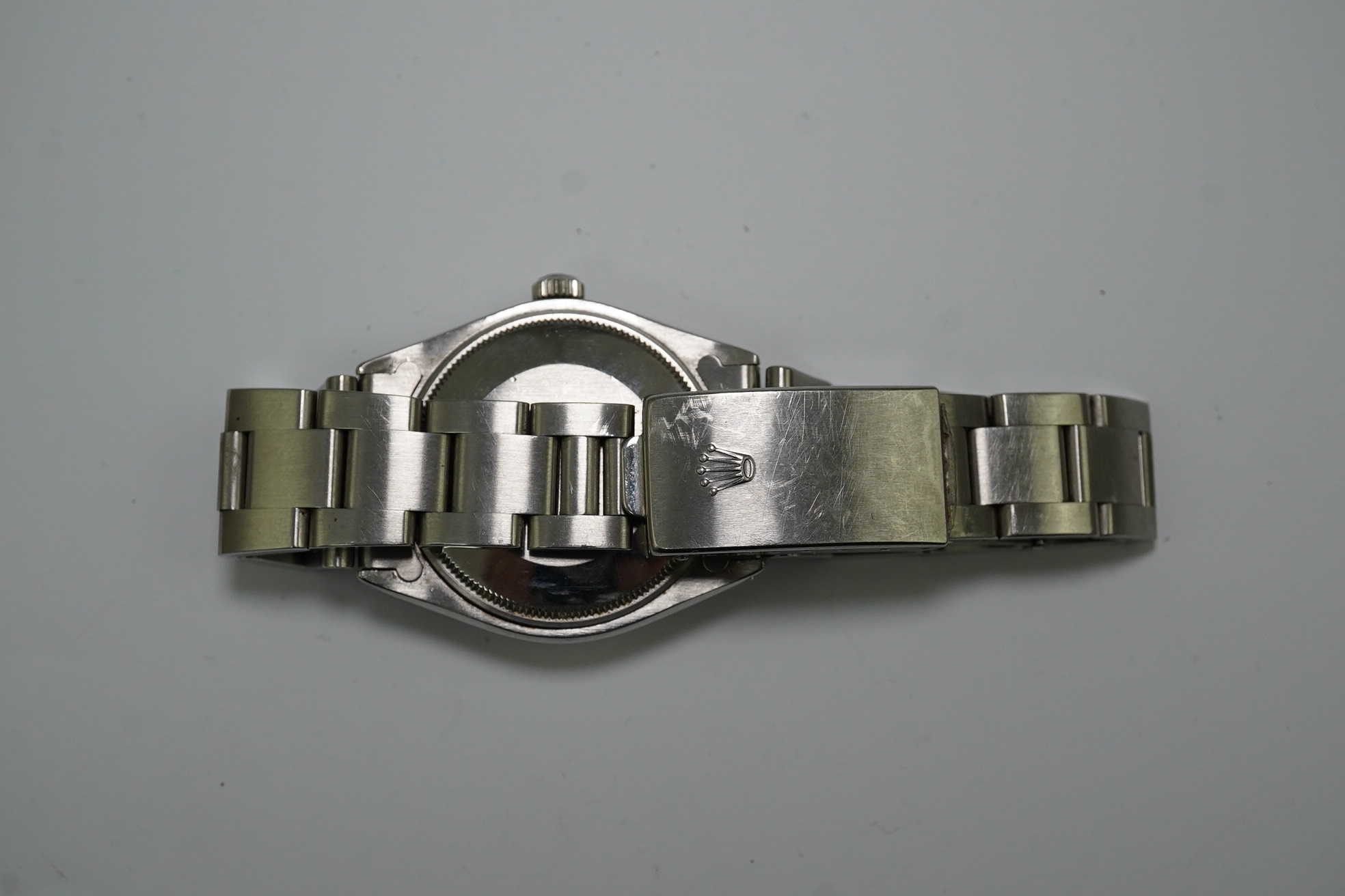 A gentleman's early 1980's stainless steel Rolex Oyster Perpetual wrist watch, on a stainless steel Rolex bracelet